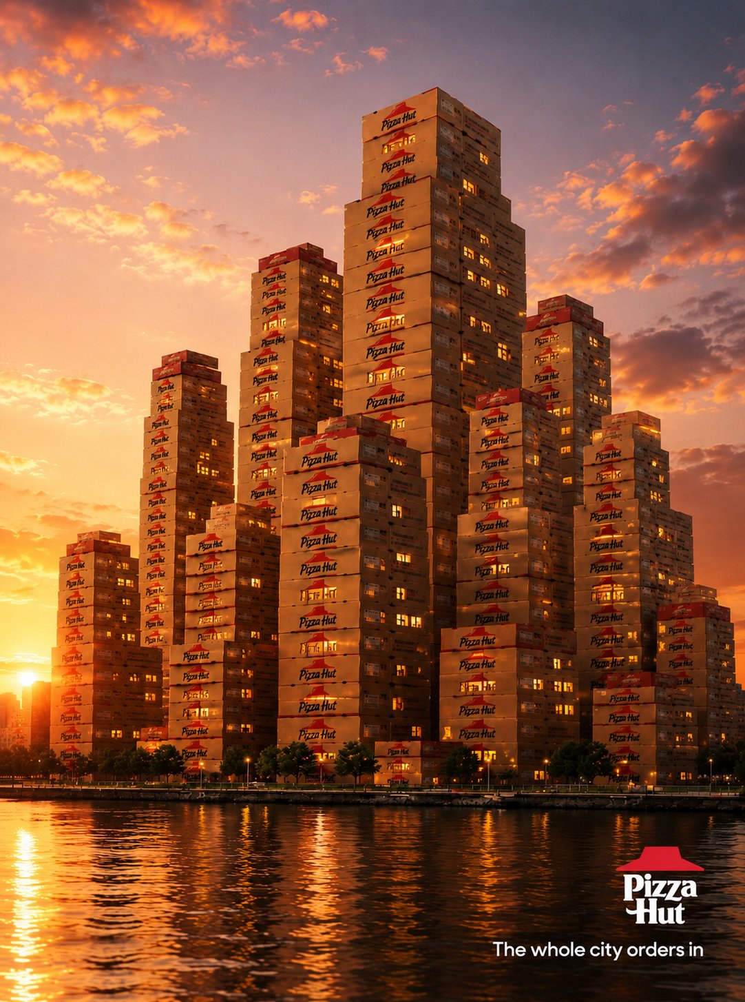 Stage 05 — the final concept: warm lit sky, stepped composition, glowing windows, Pizza Hut legible up every skyscraper.